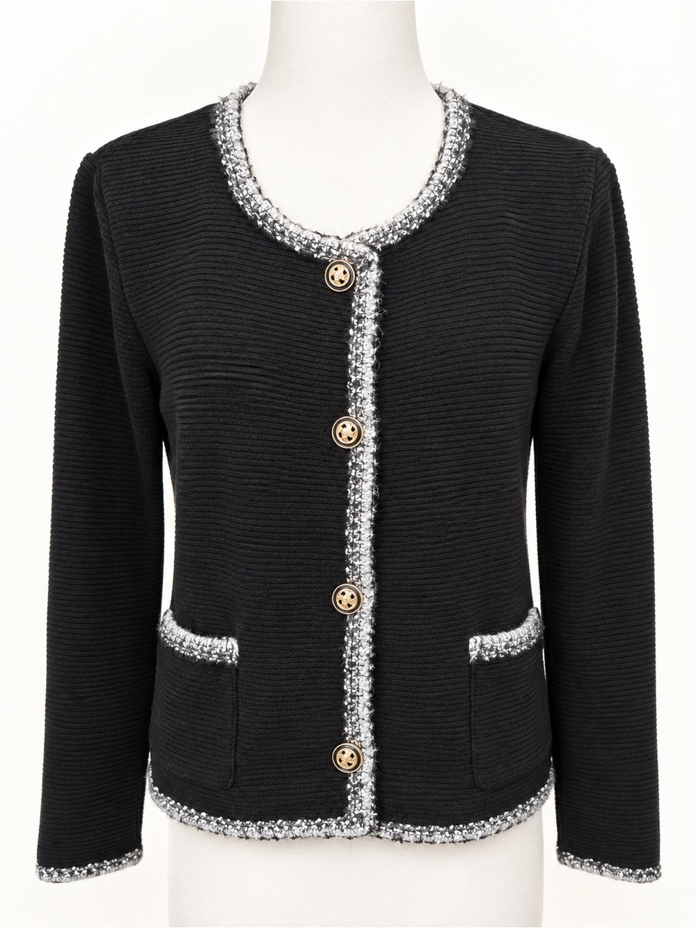 Black Chenille Bouclé Trim Gold Button Cardigan Jacket